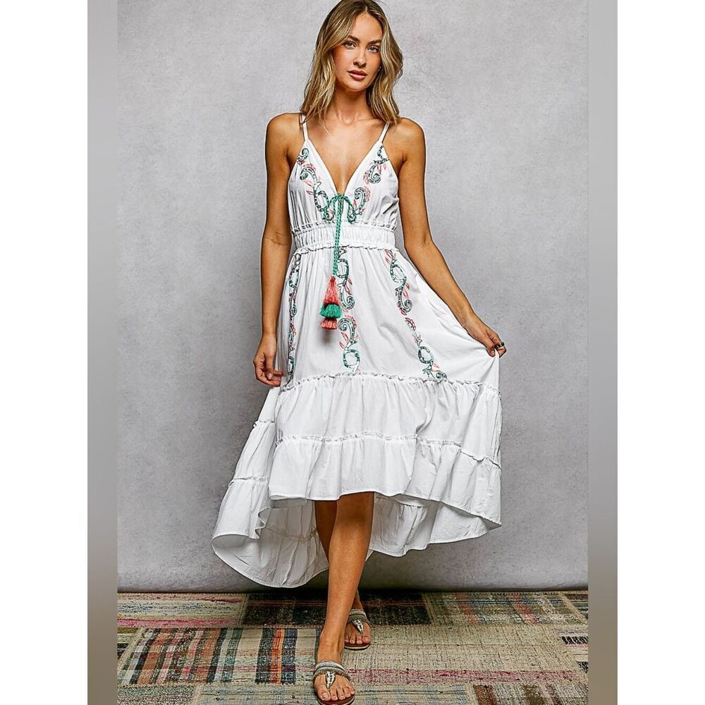 POL White Embroidered Tassel High-Low Summer Dress sz Medium